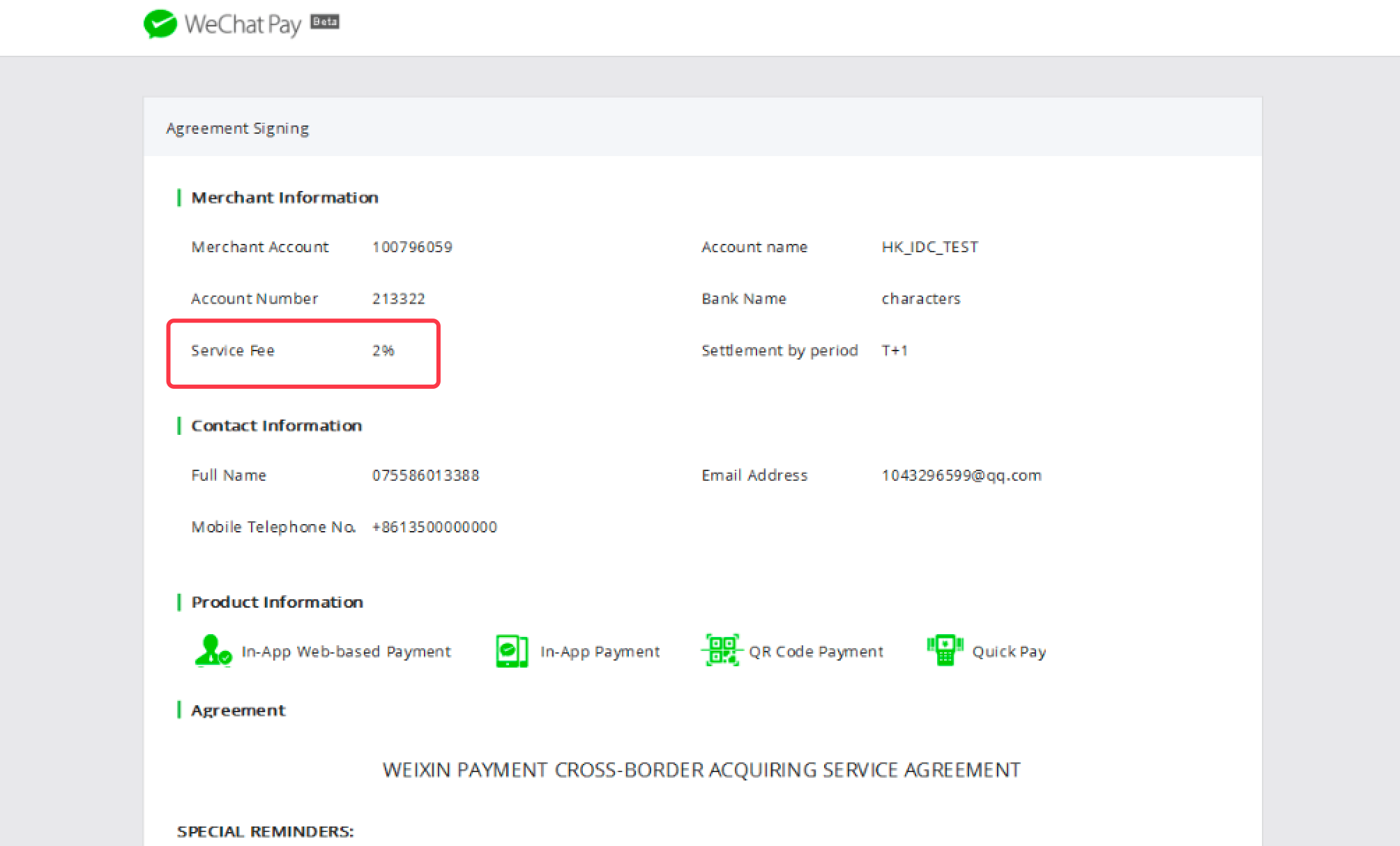 Service Fees for WeChat Pay